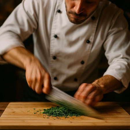Chef cutting parsley on a wooden board in a restaurant kitchen