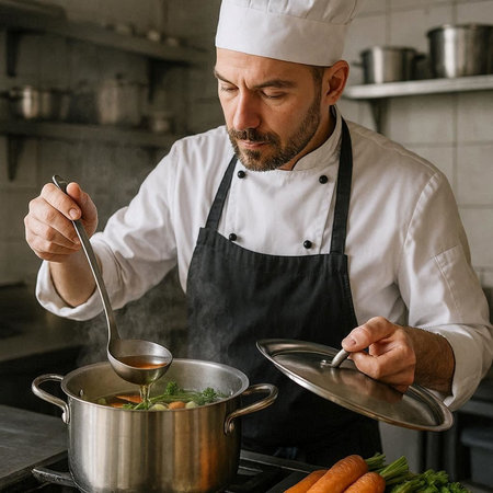 Handsome chef in a white uniform is cooking soup in the kitchen.