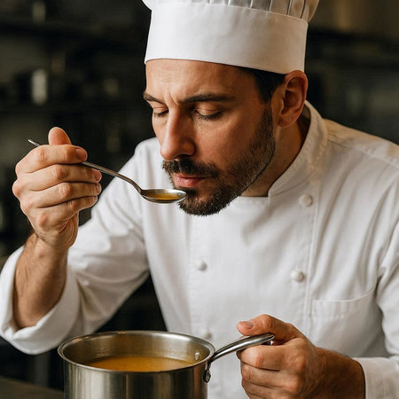 Chef tasting soup in restaurant kitchen. Portrait of bearded man in chef uniform.