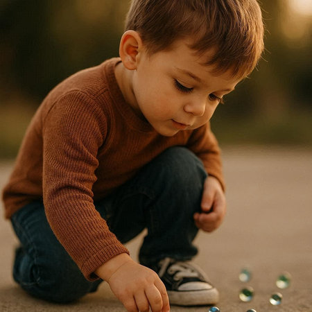 Cute little boy sitting on the ground and playing with colorful beads