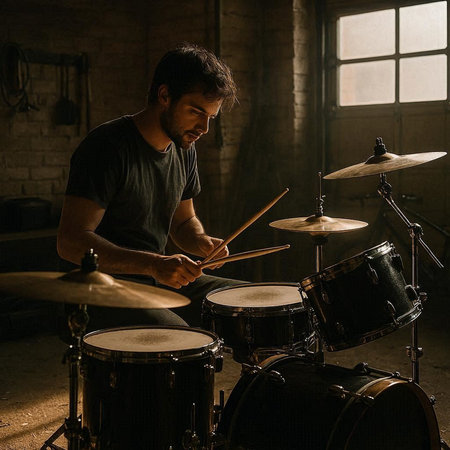Young man playing drums in a dark room with a large window.