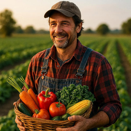 Farmer holding a basket full of fresh vegetables on the field.