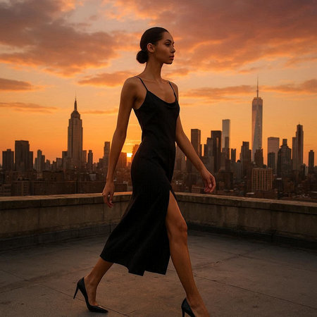 Beautiful young woman in black dress walking on the Brooklyn Bridge at sunset