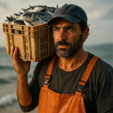 Fisherman holding a basket of freshly caught fish on the beach