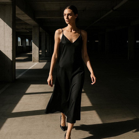 Fashion model in black dress posing in an empty urban area.