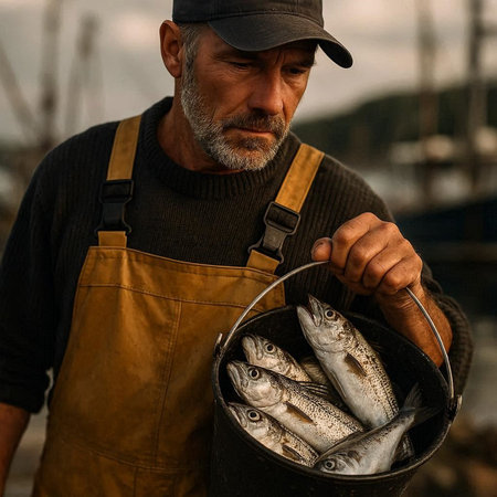 Senior fisherman holding a bucket of freshly caught rainbow trout on a fishing boat.