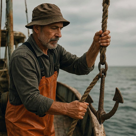 Portrait of an old man working on a fishing boat in the sea