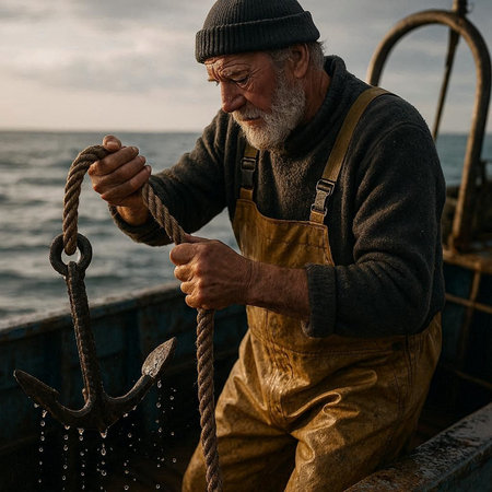 An old man working on a fishing boat, holding an anchor.