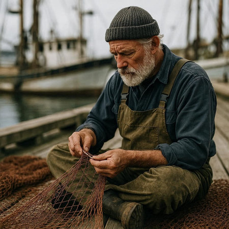 Portrait of an old fisherman sitting on a boat and fishing net