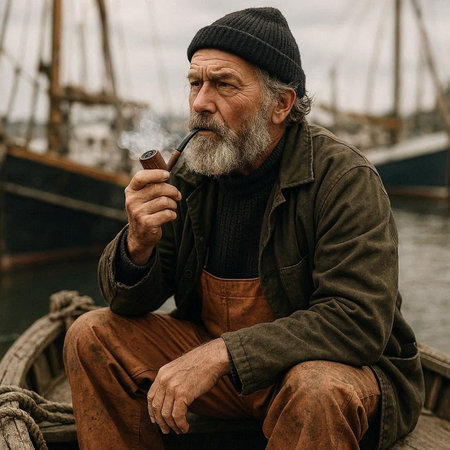 Old bearded man smoking a pipe on the deck of a ship.