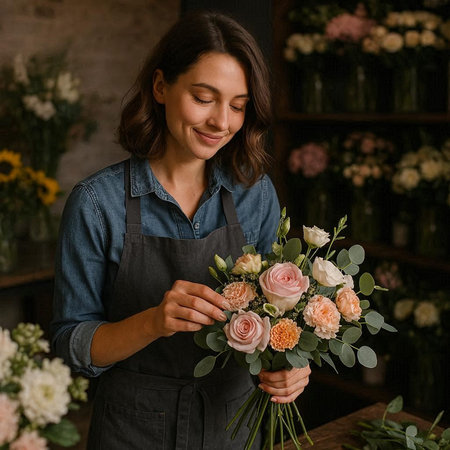 Beautiful young woman florist making bouquet in flower shop
