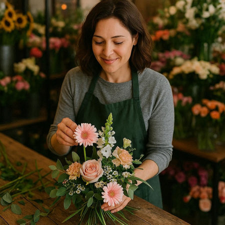 Female florist making bouquet of flowers in flower shop.