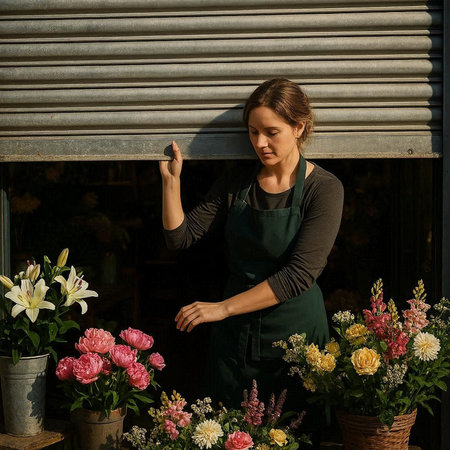 Female florist in green apron working in flower shop.
