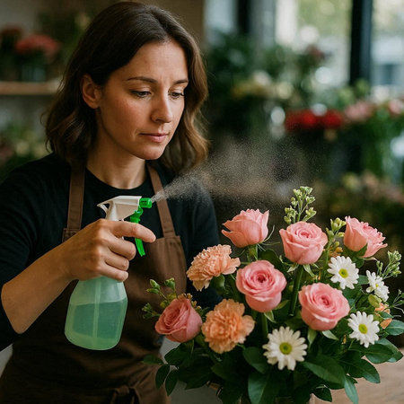 Female florist spraying water on flowers in flower shop. Flower delivery service