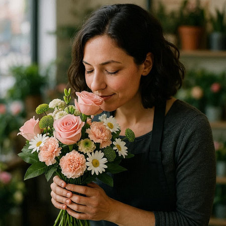 Beautiful woman florist holding a bouquet of flowers.
