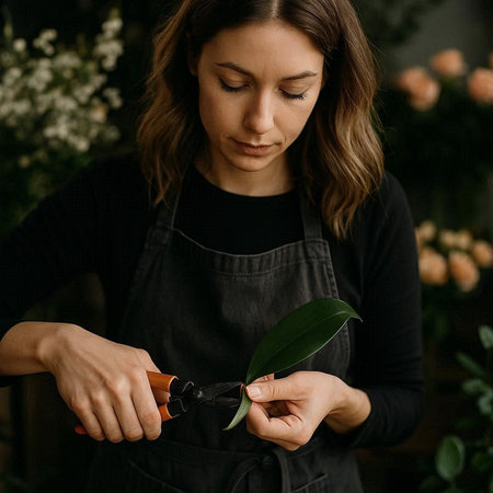 Beautiful young female florist cutting green leaves with scissors.