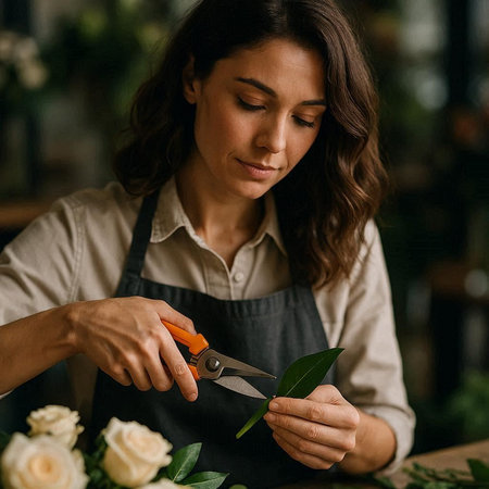 Close up of female florist cutting green leaves with scissors in flower shop