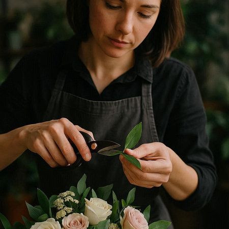 Female florist making beautiful bouquet of flowers in flower shop