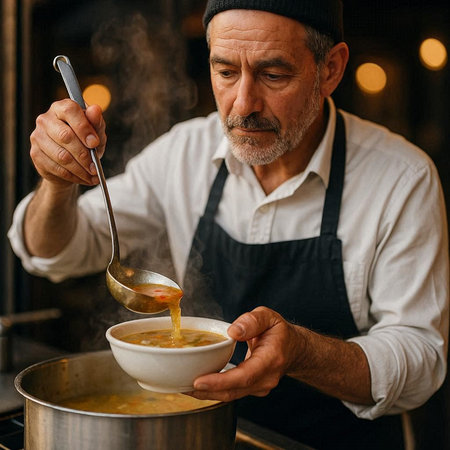 Elderly man in apron cooking soup in restaurant kitchen.
