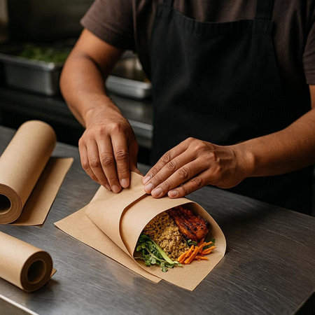 Close-up of man in black apron making hamburger at restaurant.