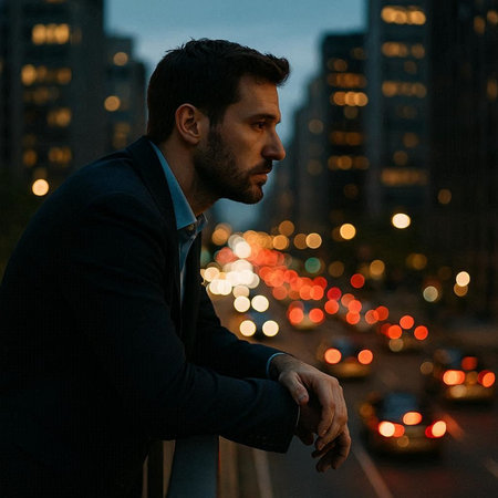 Side view of young handsome businessman looking away at night in the city