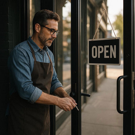 Portrait of a handsome middle-aged man in eyeglasses and apron holding an open sign in front of a cafe.