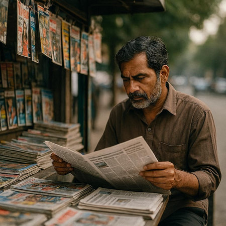 Portrait of an Indian man reading a newspaper in the street.