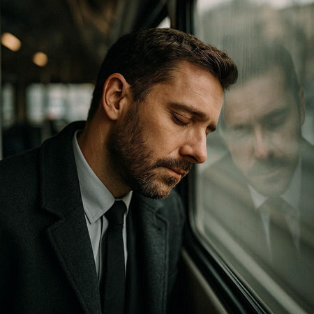 Handsome mature businessman in suit looking out of train window.