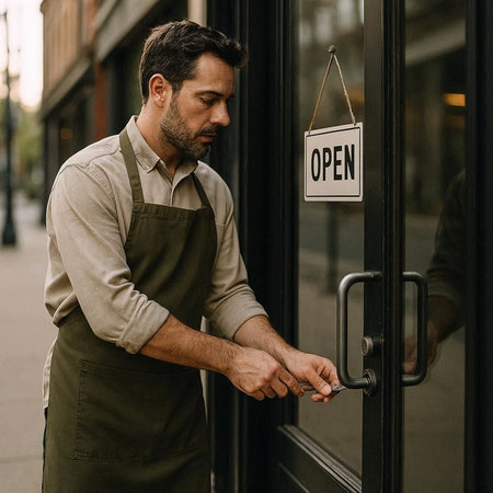 Handsome young man in apron opening door of cafe with open sign