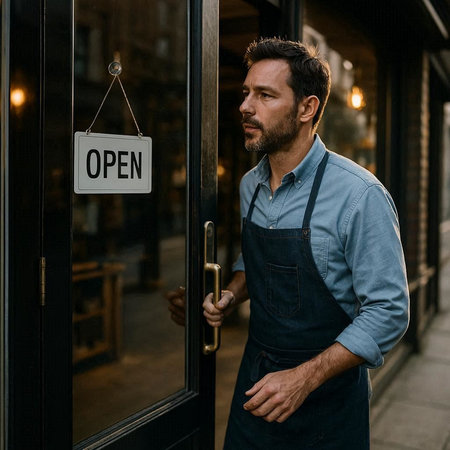 side view of handsome bearded man in apron opening door with open sign