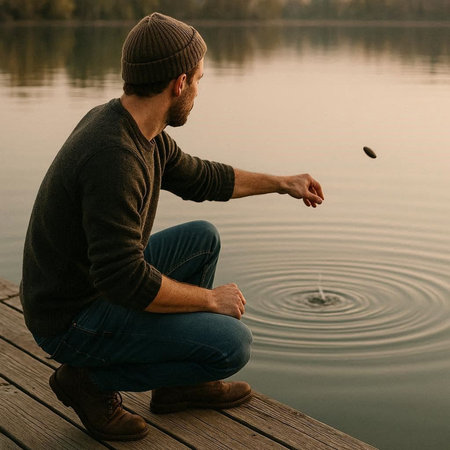 Fisherman sitting on a wooden pier and catching a fish.