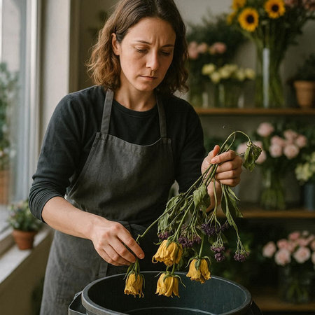 Female florist making bouquet of yellow flowers in flower shop