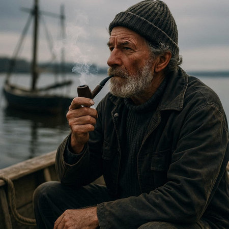 Old man with gray beard and mustache in black jacket smoking pipe and sitting on boat.