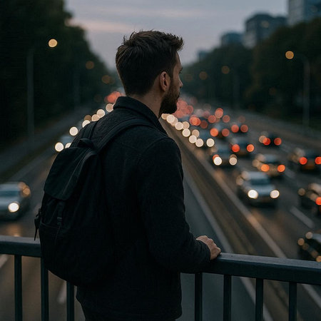 Back view of young man with backpack standing on bridge and looking at traffic jam