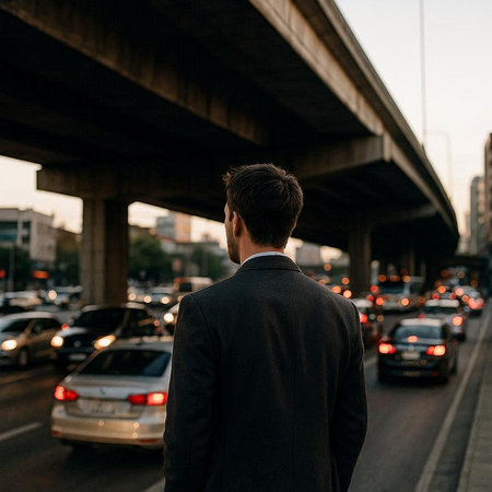 Back view of a businessman in a business suit looking at the road under the bridge