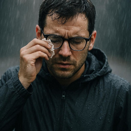 Man in black jacket and glasses sneezing in the rain.