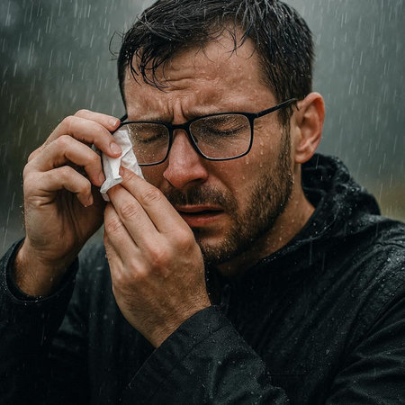 Man sneezing in the rain. Close-up portrait of a man with a runny nose.