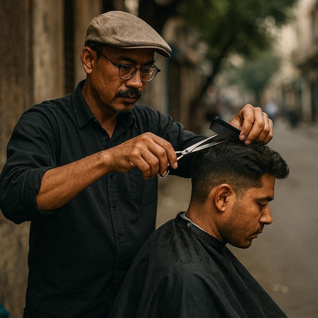 Barber cutting a man's hair in a barber shop.