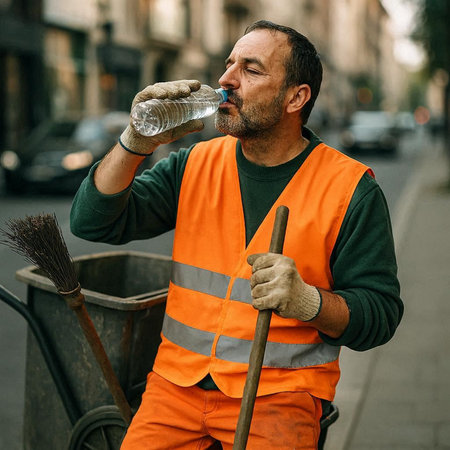 Homeless man drinking water from a plastic bottle on the street.