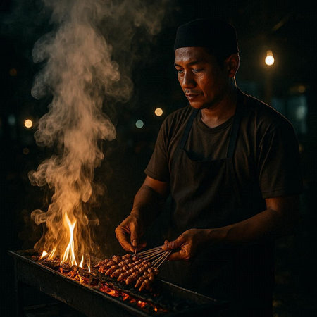 A man cooking sausages on a barbecue in the night.