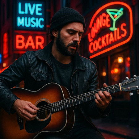 Street musician playing acoustic guitar in night city. Young man with black hat and leather jacket.
