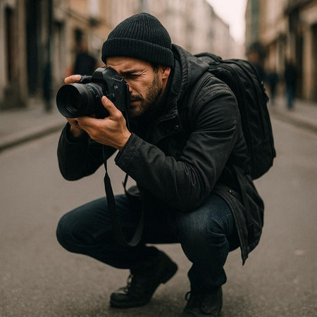 Handsome bearded photographer taking photos with professional camera on city street