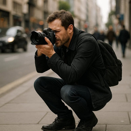 Handsome photographer with a camera in his hands on the street