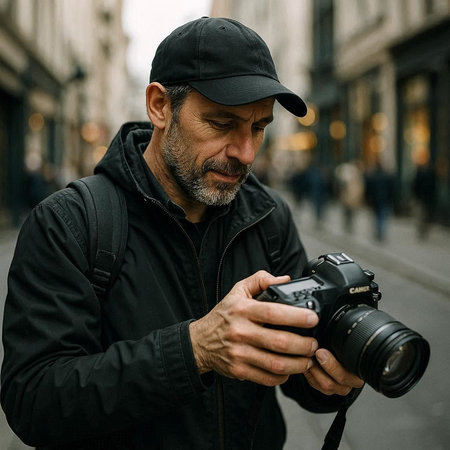 Mature man with a camera in the streets of Paris, France