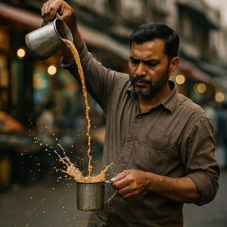 Indian man pours coffee from a metal kettle on the street.