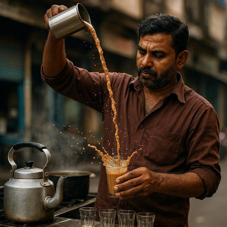 Indian man pouring a cup of coffee in the streets of Mumbai, India