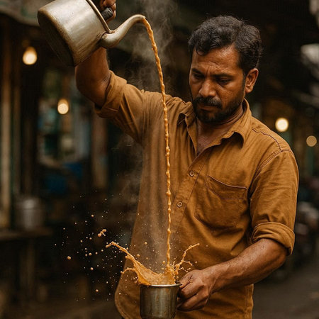Indian man pouring coffee from a kettle on the street, India.