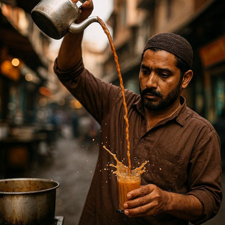 Handsome indian man pouring a cup of coffee in the street.