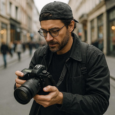 Portrait of a photographer with a camera in his hands on the street