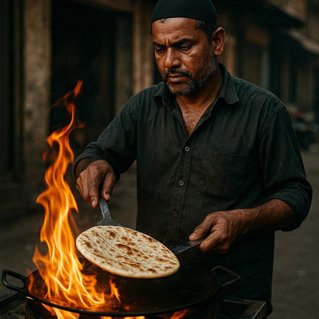 Indian man cooking chapati or roti on the fire in the street.
